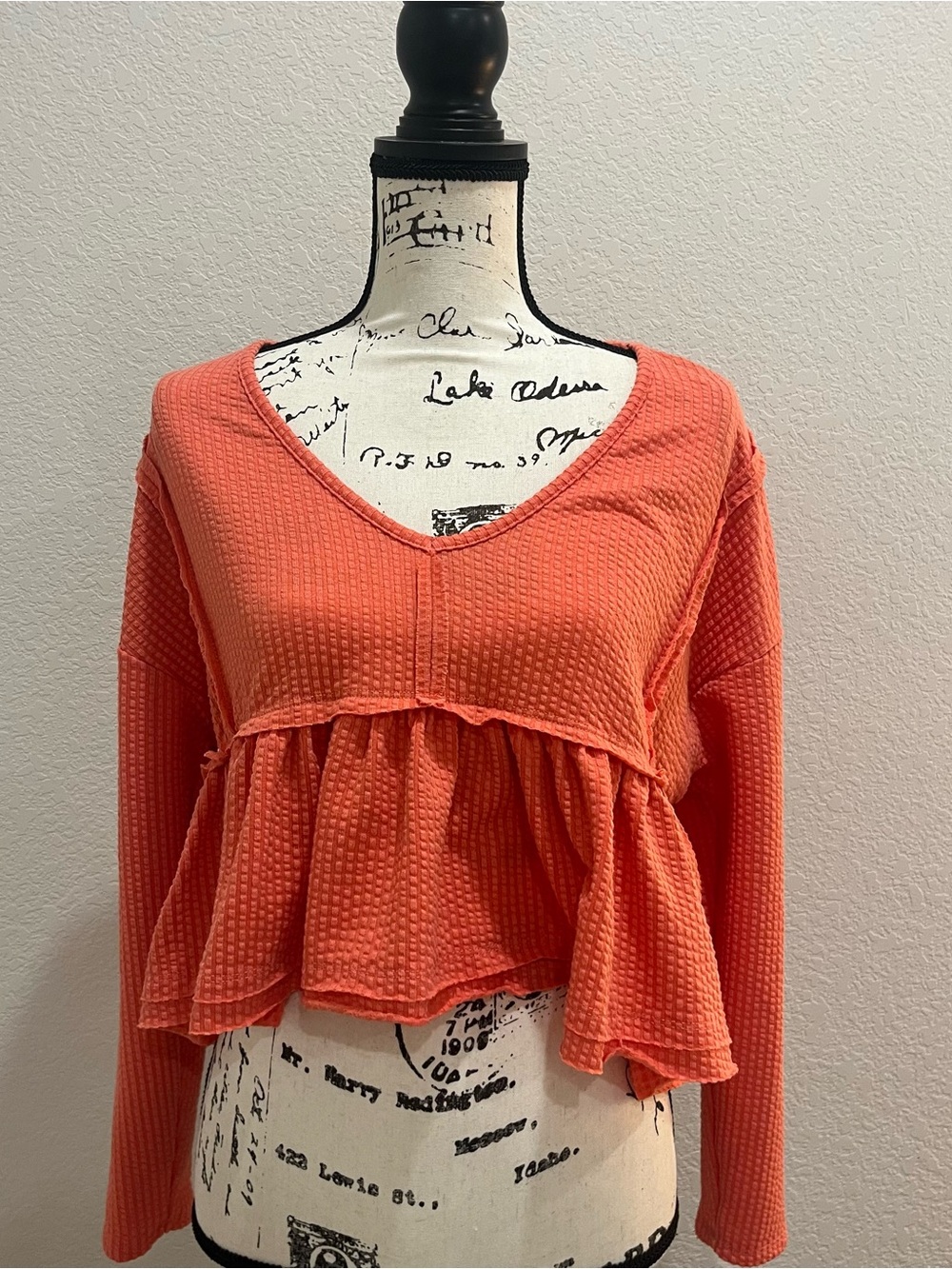 Altar'd State Coral Peplum Waffle V-Neck Top